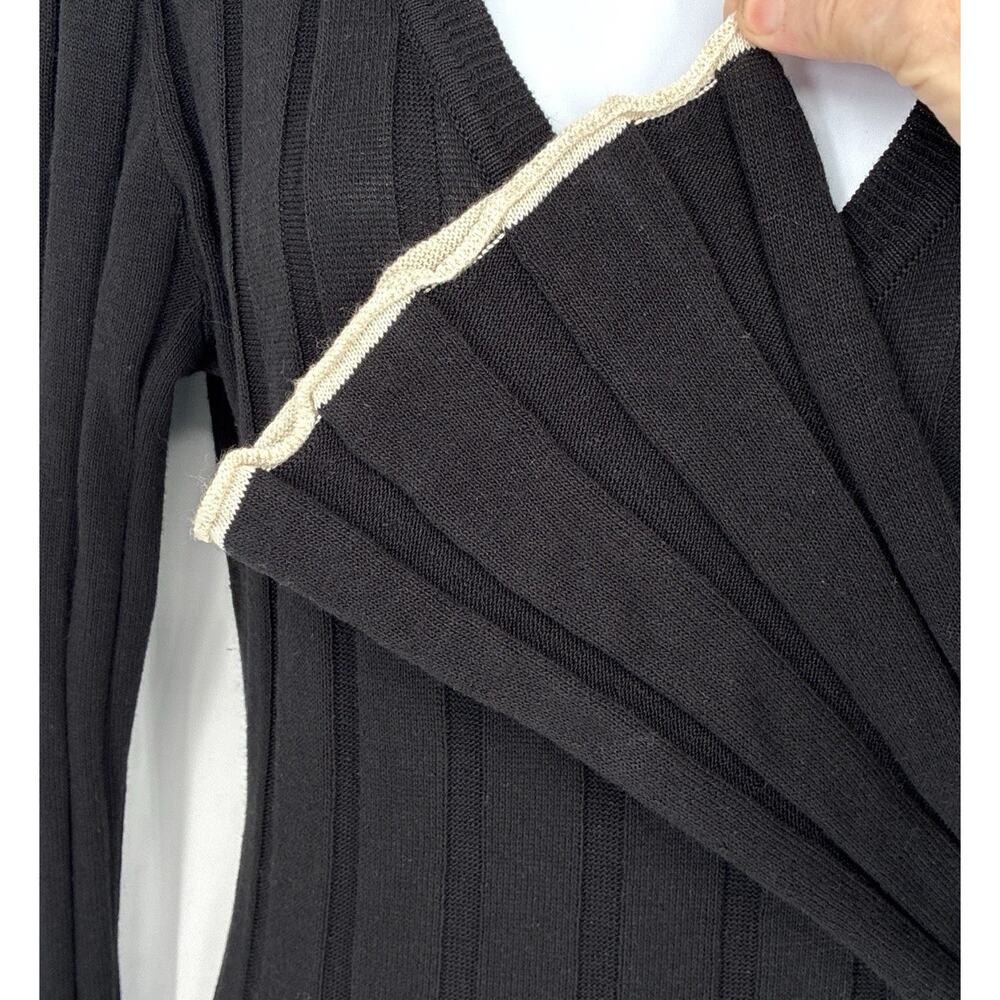 DISSH Black Ribbed Knit Maxi Dress M Tencel Linen V Neck Long Sleeve Ivory Trim - Picture 3 of 8